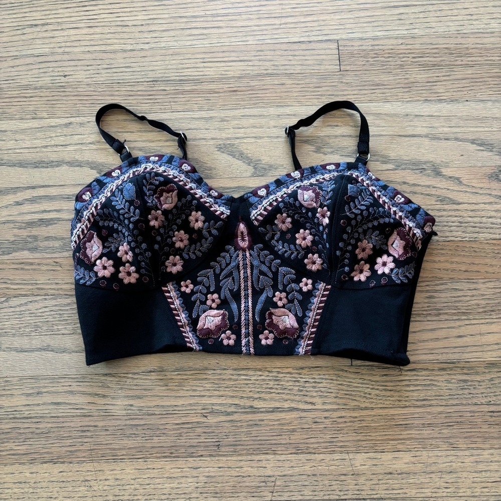 Intimately Free People Black Floral Embroidered Bustier Crop Top Small SP